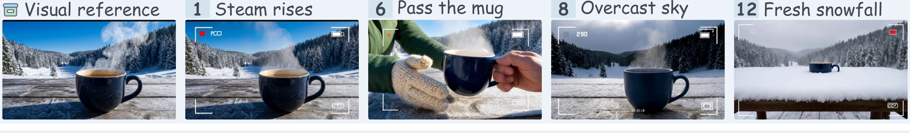 Visual reference followed by selected frames: steam rises, pass the mug, overcast sky, and fresh snowfall.